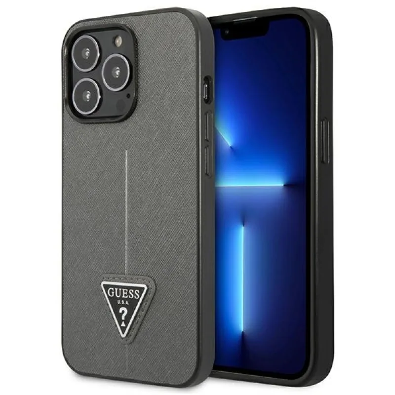 Puzdro Guess Saffiano Triangle Logo pre iPhone 13 Pro / 13 6,1" - strieborné