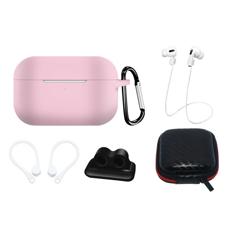Sada silikónového puzdra pre AirPods Pro 2 / AirPods Pro 1 + puzdro / háčik na uši / remienok na krk / držiak remienka na hodinky / karabína - ružová