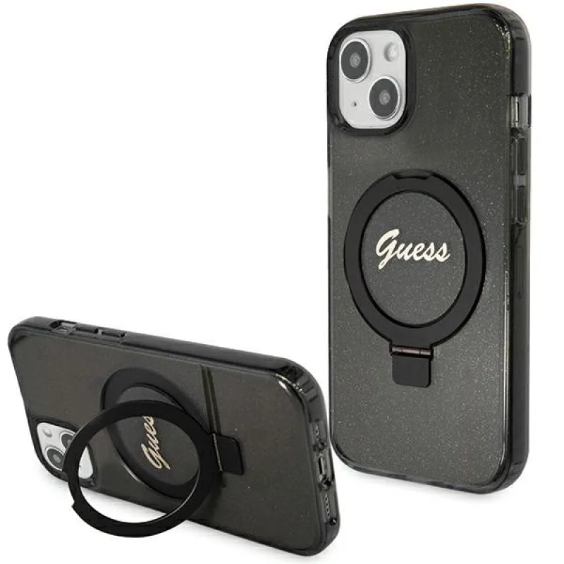 Guess Ring Stand Script Glitter MagSafe puzdro pre iPhone 13 / 14 / 15 - čierne