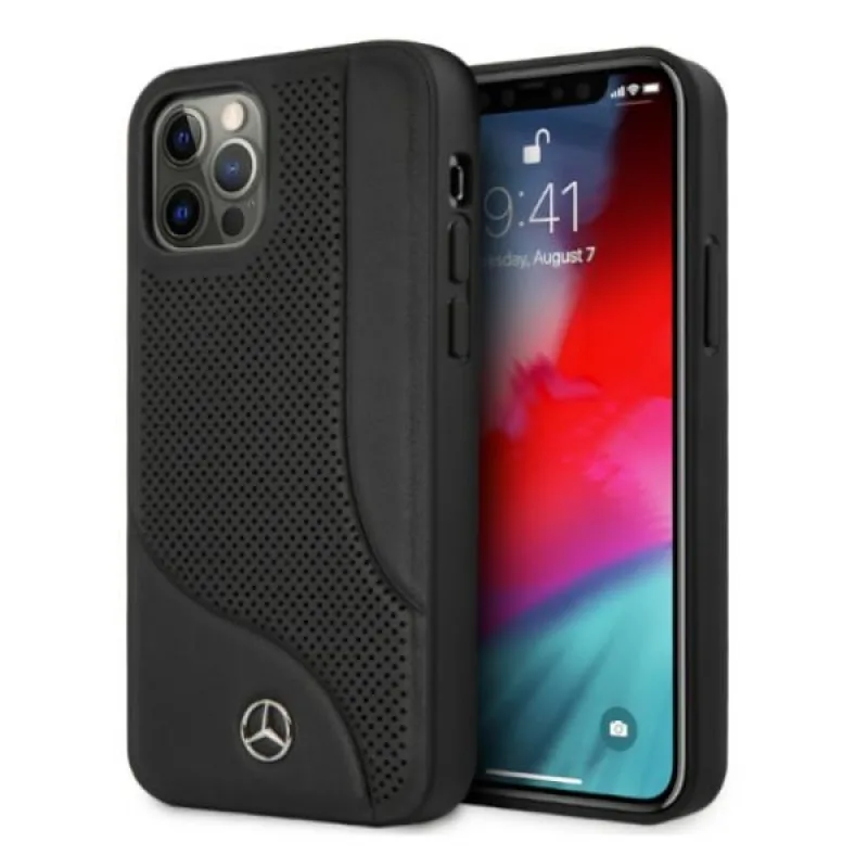 Kožené puzdro Mercedes Perforated Area Case pre iPhone 12 Pro Max - čierne