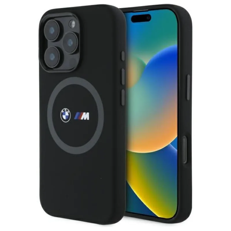 BMW M silikónové puzdro MagSafe s potlačou prstenca pre iPhone 16 Pro Max - čierne