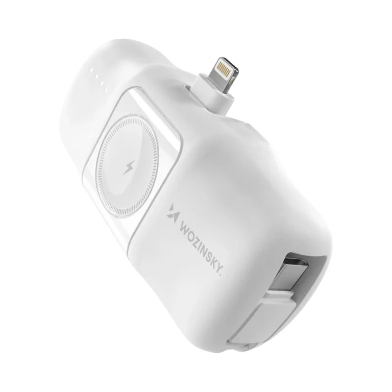 Wozinsky WF16-YLS 5000mAh 15W Lightning mini power banka so vstavaným káblom USB-C a nabíjačkou Apple Watch – biela