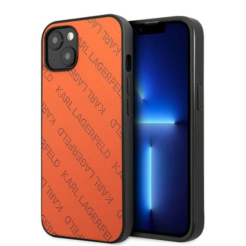 Perforované celoplošné puzdro Karl Lagerfeld pre iPhone 13/14/15 6,1" – oranžové