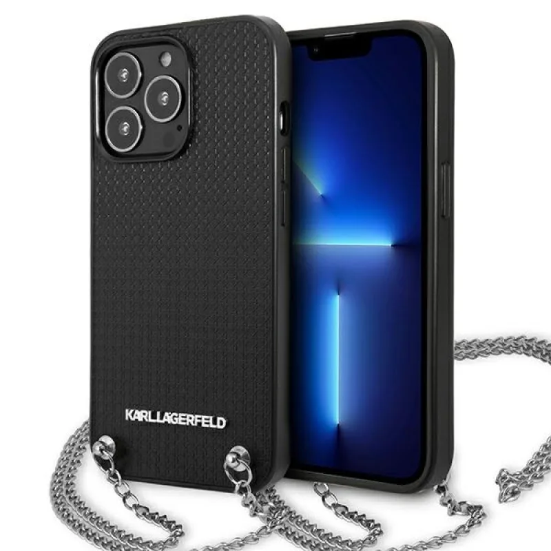 Kožené púzdro Karl Lagerfeld s textúrou a reťazou pre iPhone 13 Pro Max 6,7" – čierne