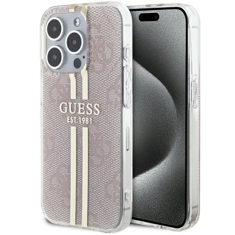 Puzdro Guess IML 4G Gold Stripe pre iPhone 15 Pro - ružové