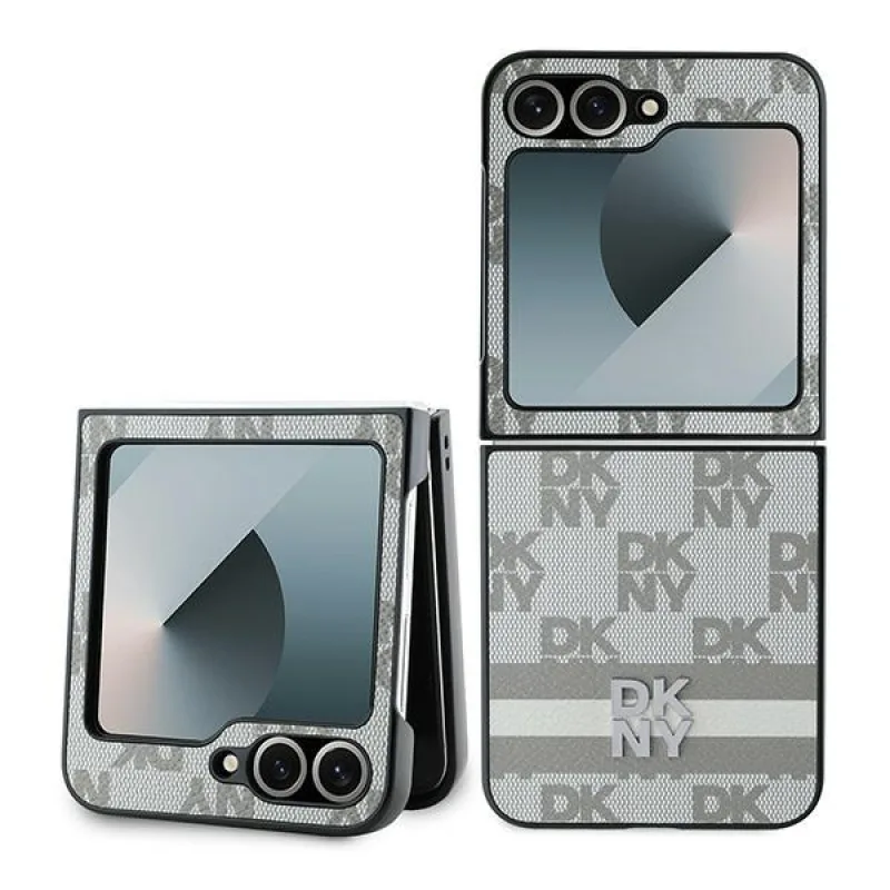 Puzdro DKNY s kockovaným vzorom s potlačou pruhov pre Samsung Galaxy Z Flip 6 – béžové