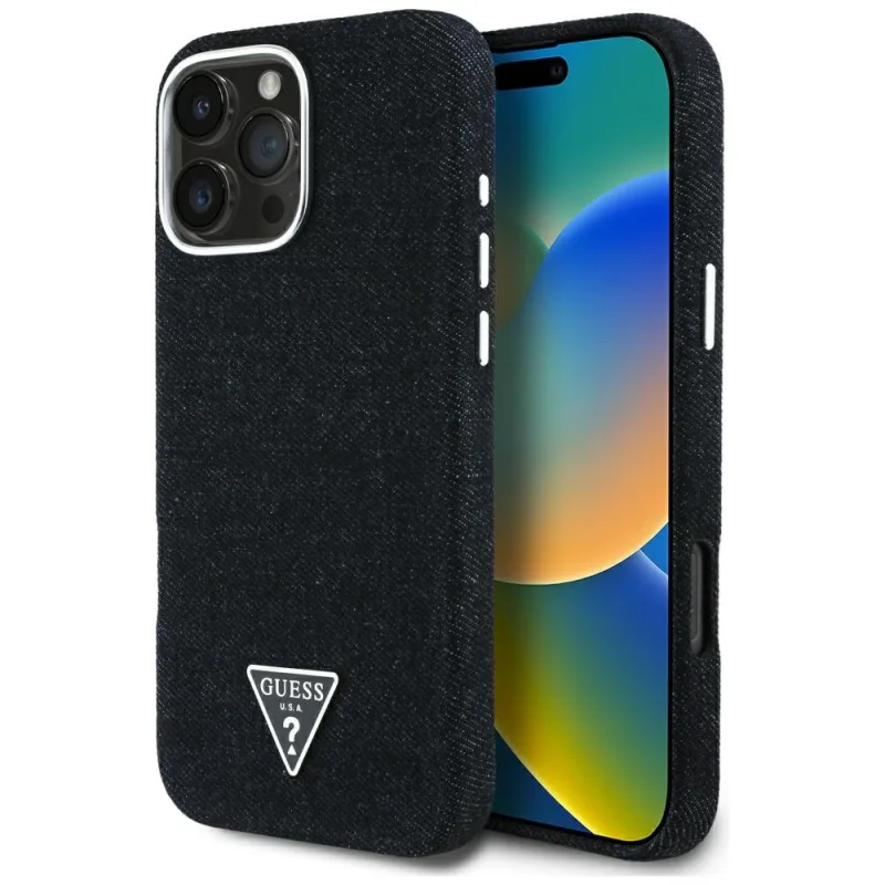 Puzdro Guess Denim Triangle Logo MagSafe iPhone 16 Pro Max – čierne