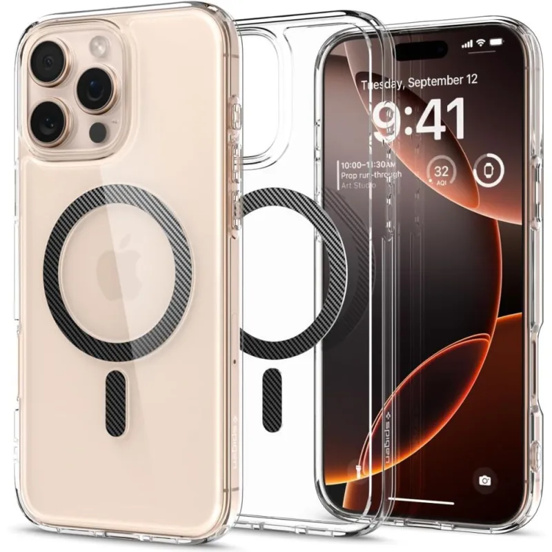 Puzdro Spigen Ultra Hybrid Mag Case s uhlíkovými vláknami MagSafe pre iPhone 16 Pro Max – tmavosivé