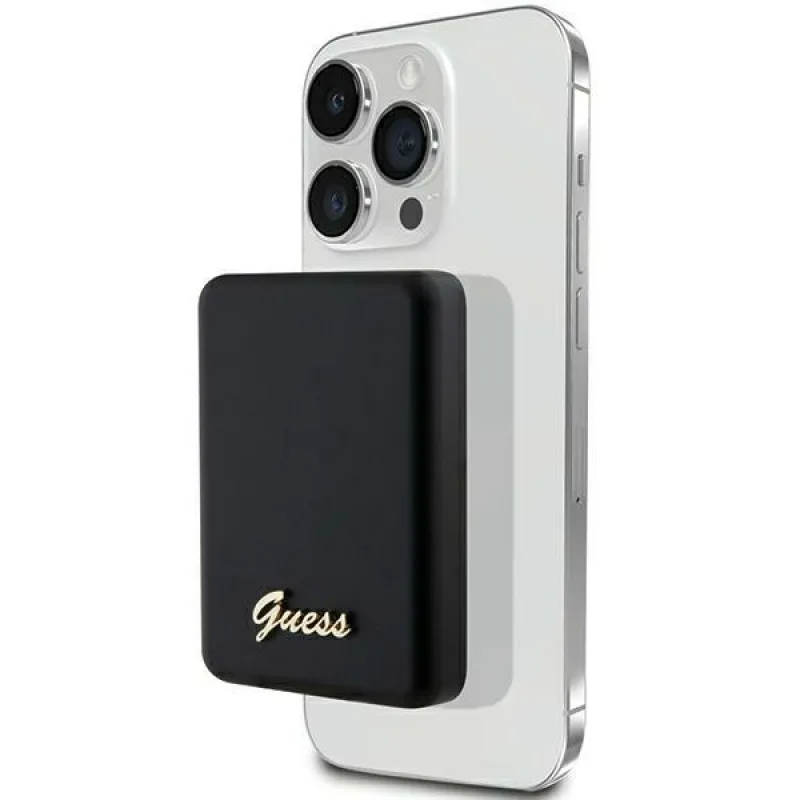 Indukčná power banka Guess MagSafe Metal Script Logo 15W 5000mAh - čierna