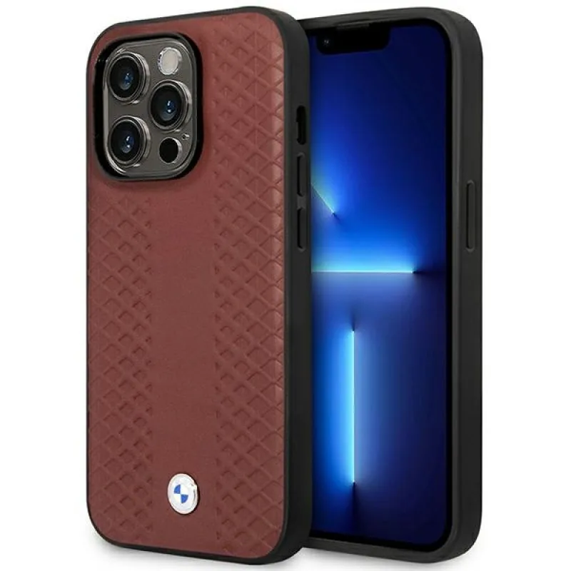 Puzdro BMW BMHMP14L22RFGR iPhone 14 Pro 6,1" Burgundsko/bordové kožené diamantové vzor MagSafe