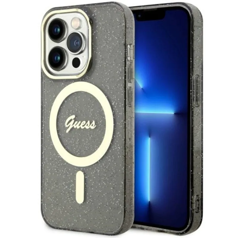 Guess GUHMP14LHCMCGK iPhone 14 Pro 6,1" čierno-čierne pevné puzdro Glitter Gold MagSafe