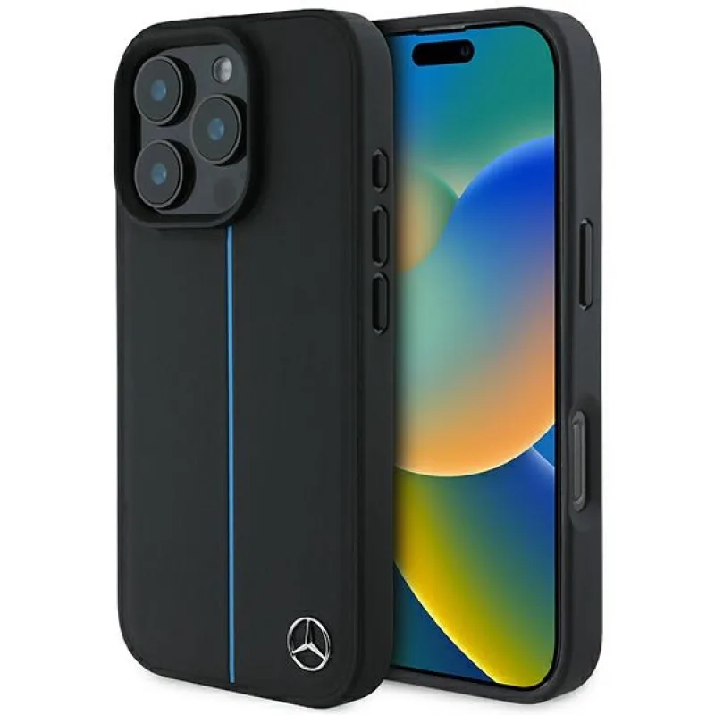 Kožené puzdro MagSafe iPhone 16 Pro Mercedes MB Blue Line - čierne