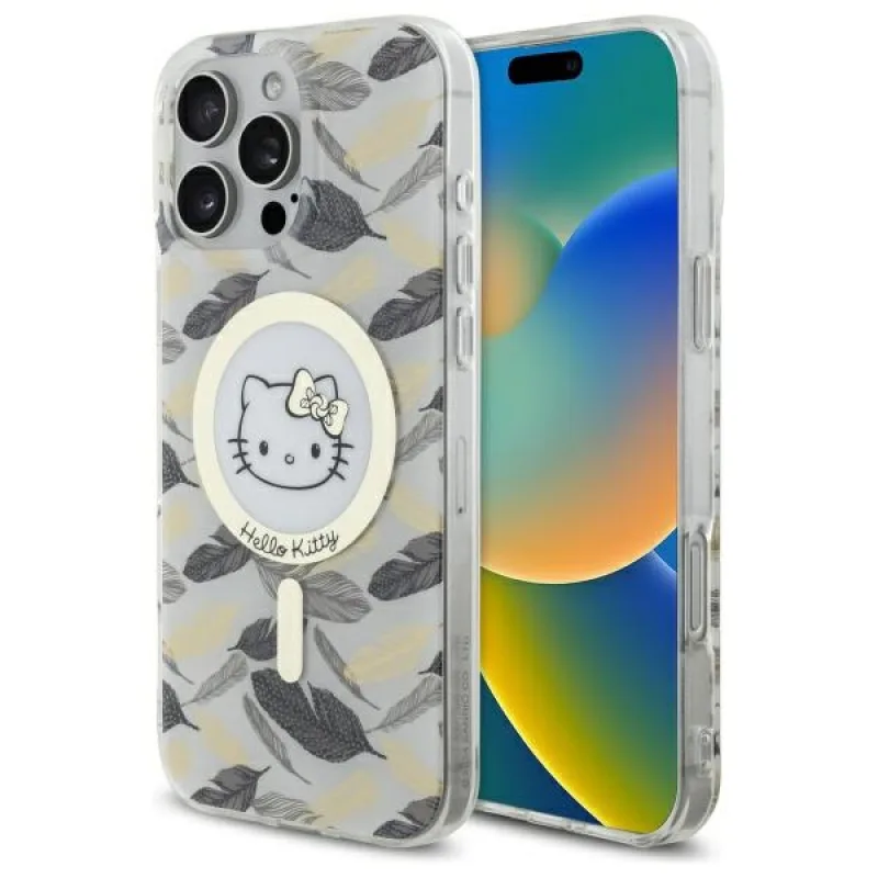 Puzdro Hello Kitty IML Golden Leaves MagSafe pre iPhone 16 Pro Max – biele