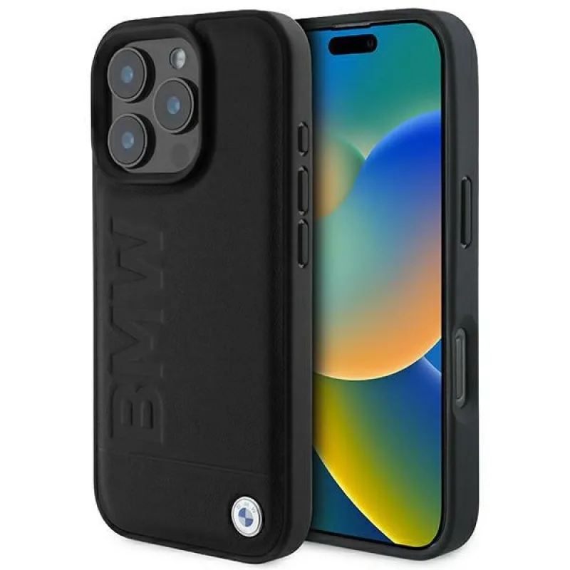Kožené puzdro BMW Hot Stamp na iPhone 16 Pro – čierne