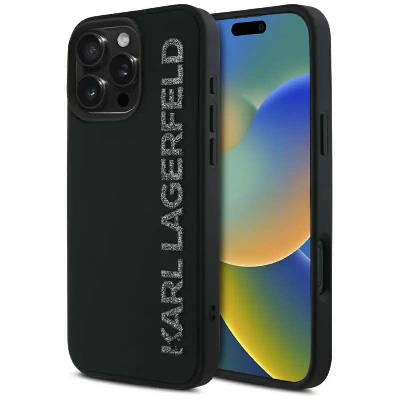 Puzdro Karl Lagerfeld HC 3D Gumové predĺžené trblietky na iPhone 16 Pro Max – čierne