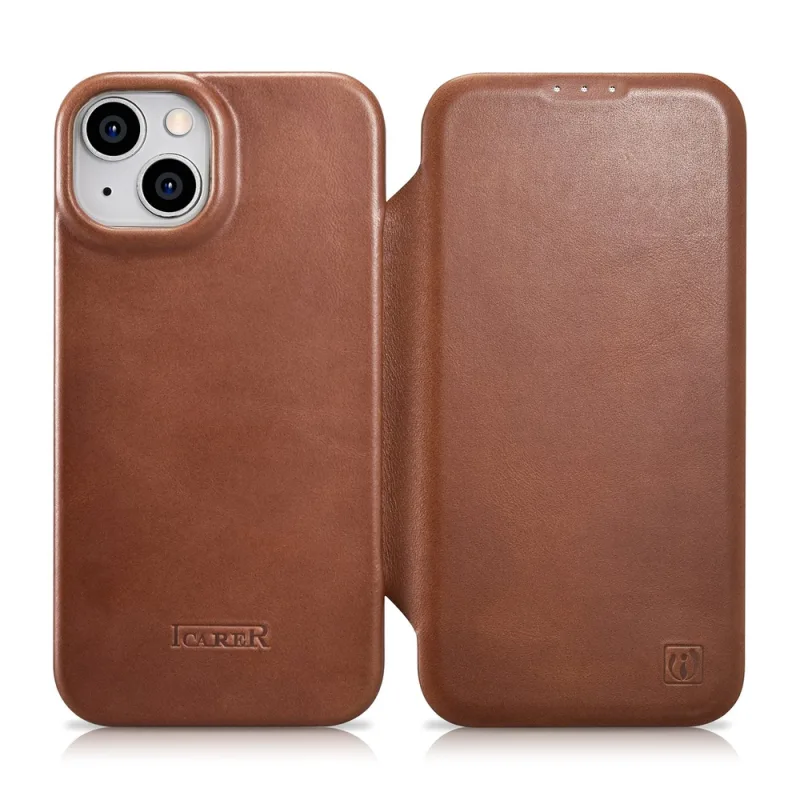 iCarer CE Oil Wax Premium Leather Folio Case iPhone 14 Plus magnetické flipové puzdro MagSafe hnedé (AKI14220707-BN)