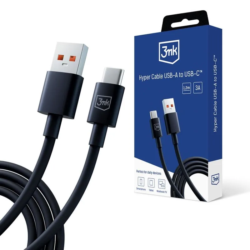 3mk datový kabel - Hyper Cable A to C 1.2m 3A, černá 5903108541275