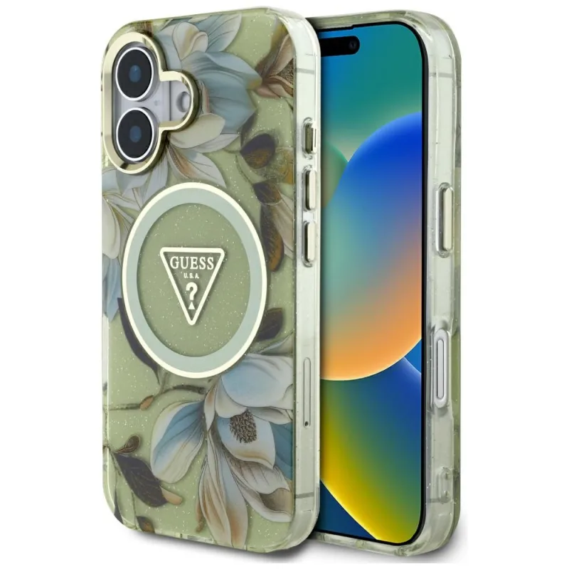 Guess Glitter Flowers Triangle Buttons puzdro MagSafe pre iPhone 16 zelené