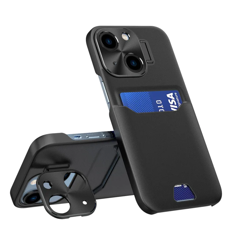 Kožené puzdro Stand Case pre iPhone 14 krycie kartové peňaženky so stojanom čierne