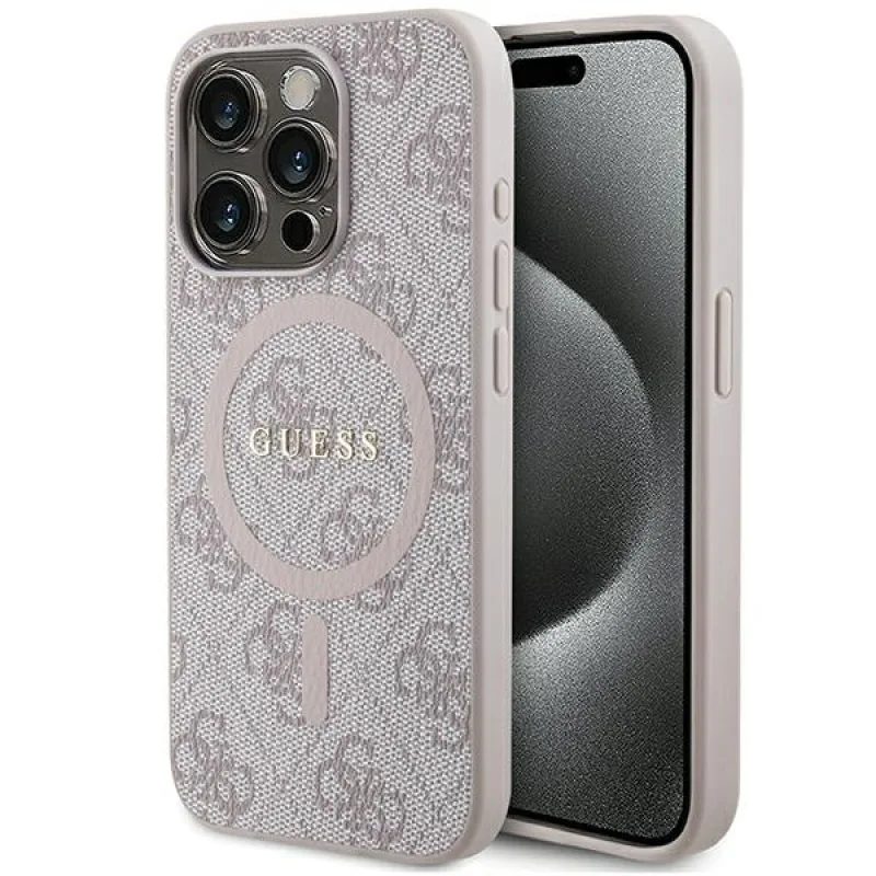 Guess 4G Collection kožené kovové logo MagSafe puzdro pre iPhone 14 Pro Max – ružové