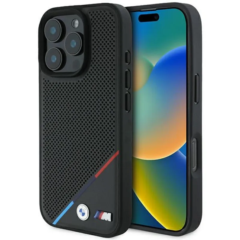 BMW M Perforated Tricolor Line MagSafe Case pre iPhone 16 Pro - čierny