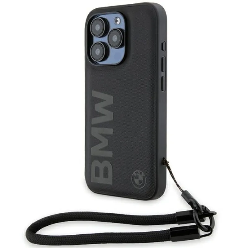 BMW Signature Leather Wordmark Cord puzdro pre iPhone 15 Pro - čierne