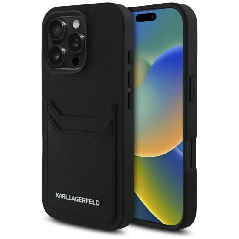 Kovové predĺžené puzdro na iPhone 16 Pro Karl Lagerfeld HC Grained PU Cardslot – čierne