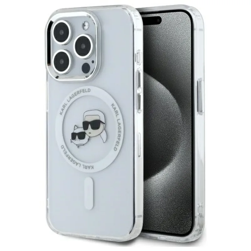 Karl Lagerfeld IML kovové puzdro Karl&Choupette Head MagSafe Case pre iPhone 15 Pro Max – biele