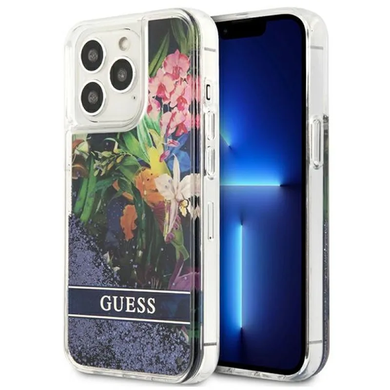 Guess GUHCP13LLFLSB iPhone 13 Pro / 13 6,1" modro/modré pevné puzdro Flower Liquid Glitter