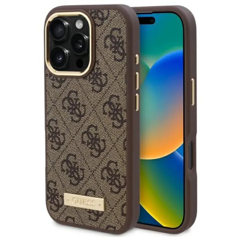 Puzdro Guess 4G Logo Plate MagSafe iPhone 16 Pro – hnedé