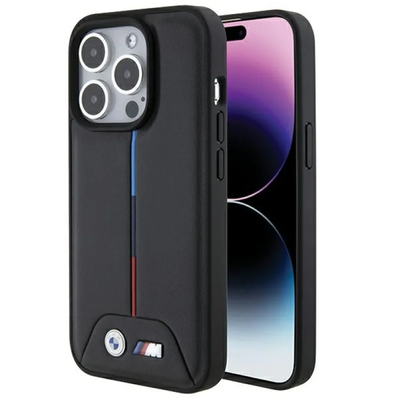 BMW prešívané trojfarebné puzdro na iPhone 15 Pro – čierne
