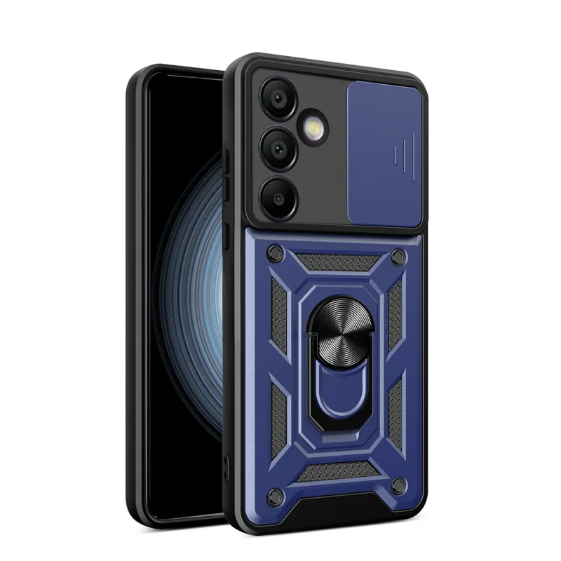 Hybridný Armor Camshield s krytom fotoaparátu a kovovým krúžkom pre Samsung Galaxy S24 FE – modrý