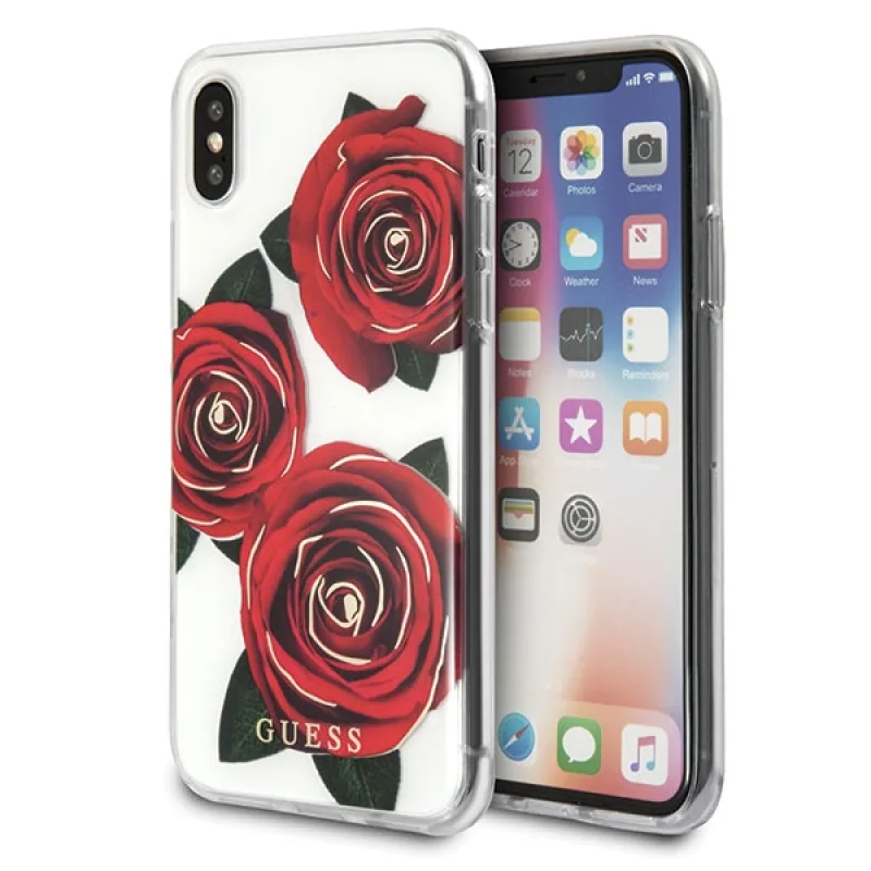 Puzdro Guess Flower Desire Red Rose na iPhone X – priehľadné