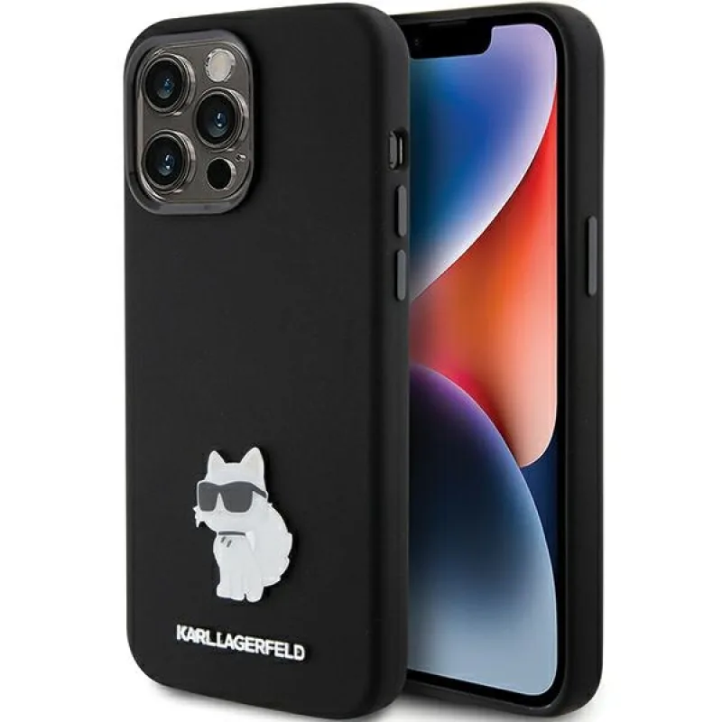 Obal Karl Lagerfeld Silicone Choupette Metal Pin pre iPhone 15 Pro Max - čierny