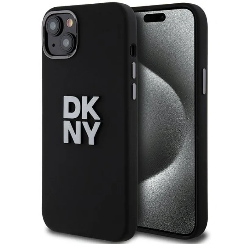DKNY Tekutý silikónový kovový kryt s logom iPhone 15/14/13 – čierny