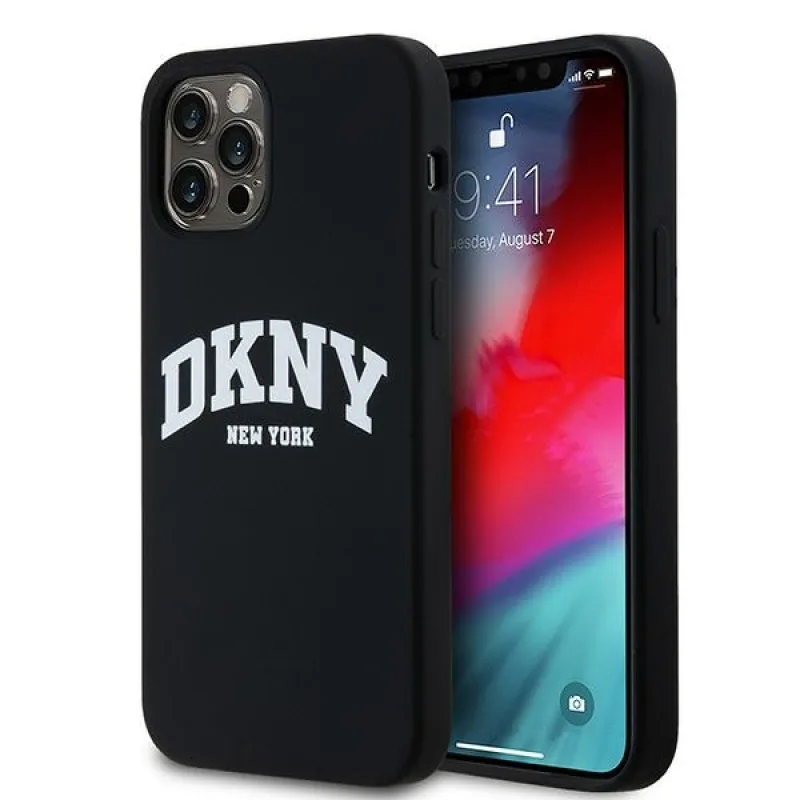 Tekuté silikónové puzdro DKNY s bielym logom MagSafe pre iPhone 12/12 Pro – čierne