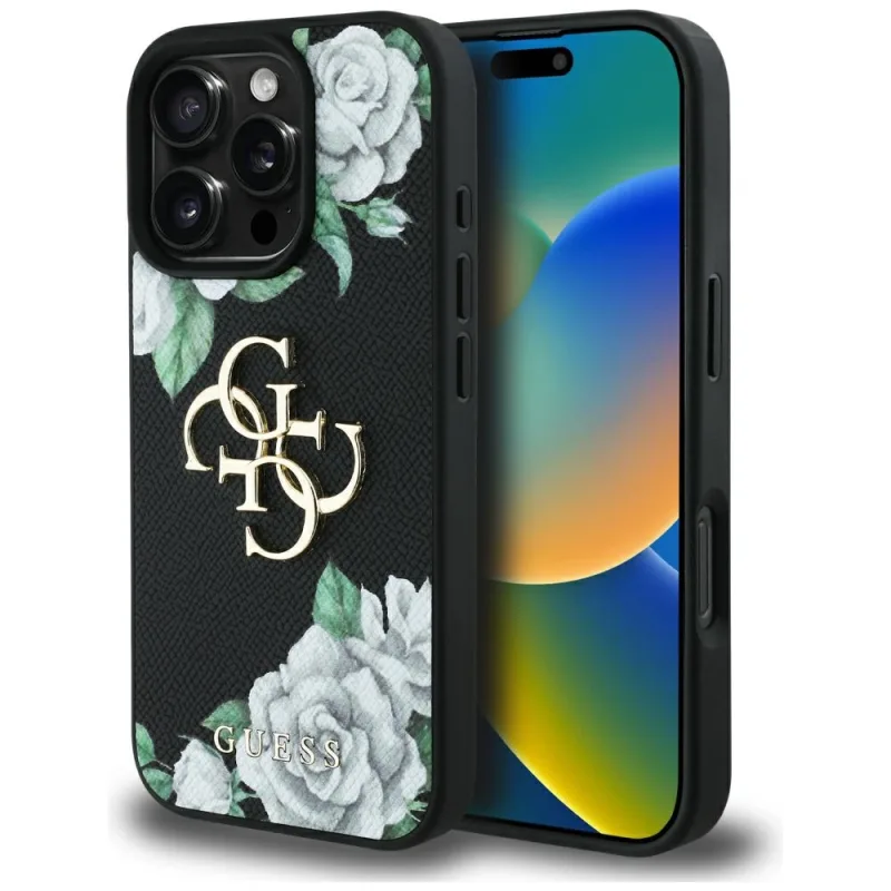Puzdro s logom Guess Grained Roses Big 4G pre iPhone 16 Pro Max - čierne