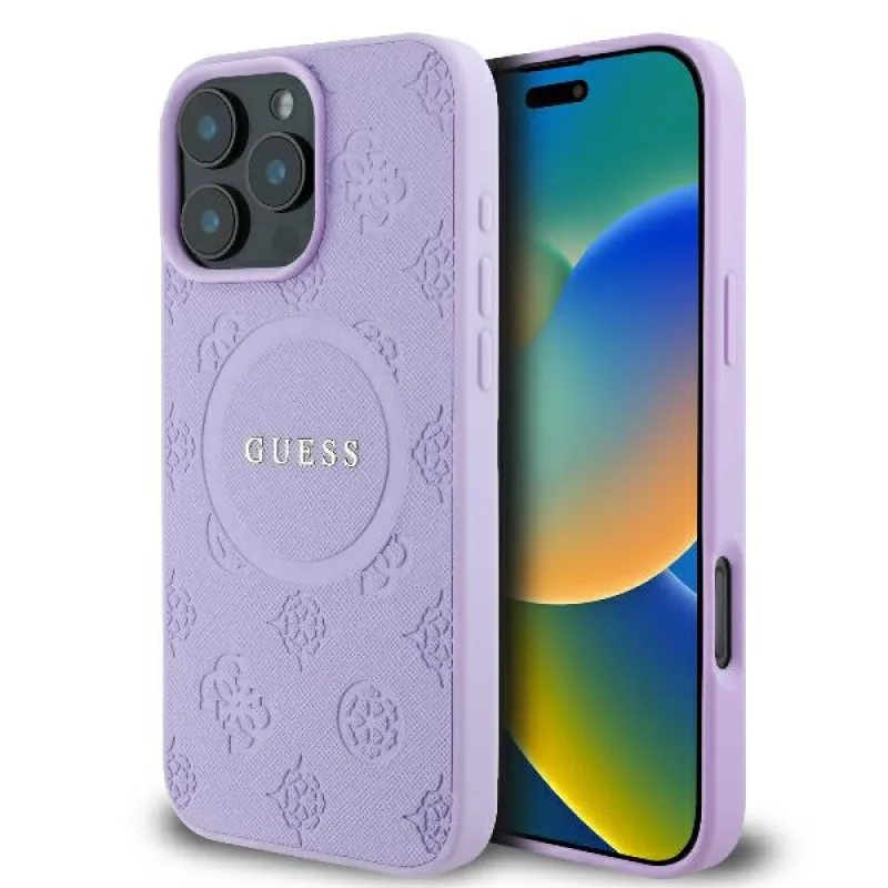Puzdro Guess Saffiano Peony Classic Logo MagSafe iPhone 16 Pro – fialové