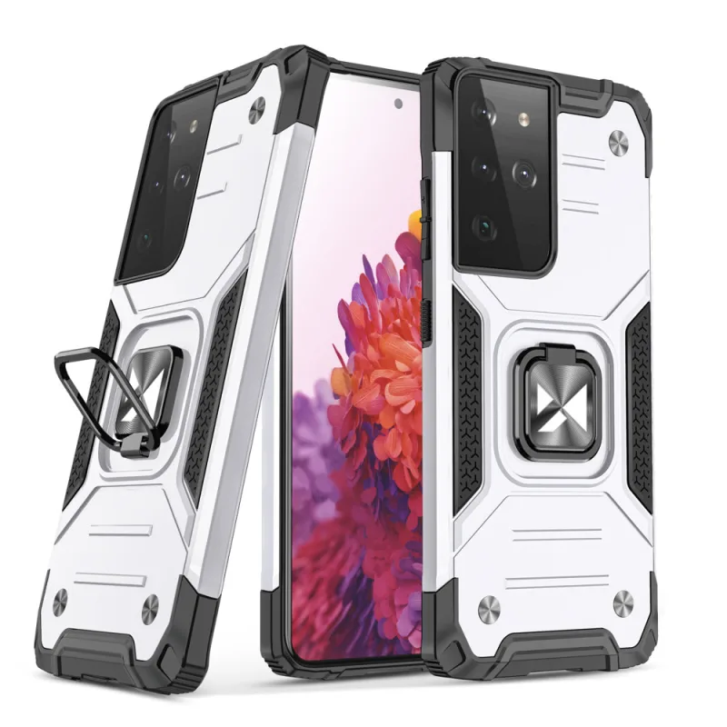 Pevný hybridný kryt puzdra Wozinsky Ring Armor + magnetický držiak pre Samsung Galaxy S22 Ultra strieborný
