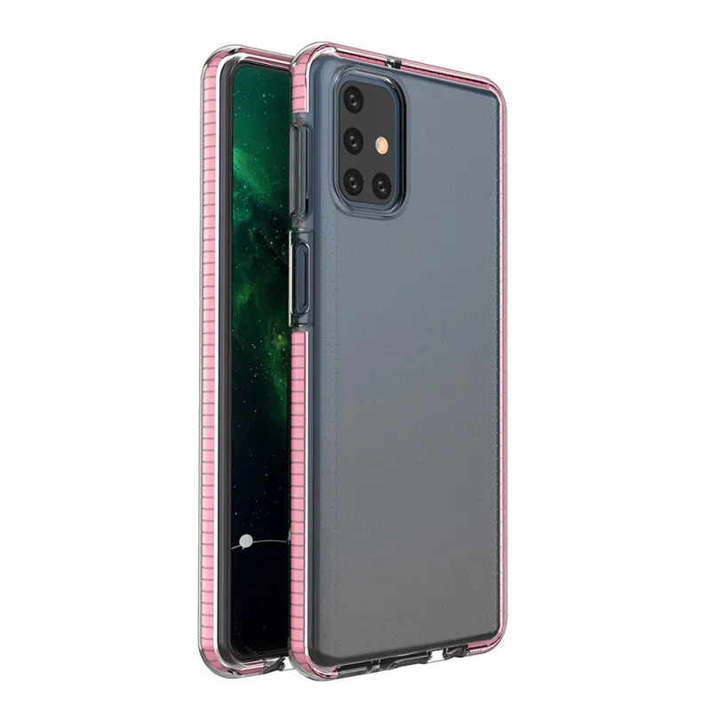 Spring Case číry TPU gélový ochranný kryt s farebným rámom pre Samsung Galaxy M31s svetlo ružový