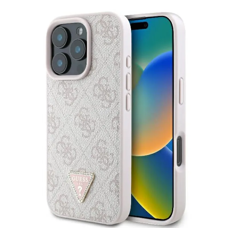 Guess Leather 4G Triangle Strass MagSafe Case pre iPhone 16 Pro Max – ružový