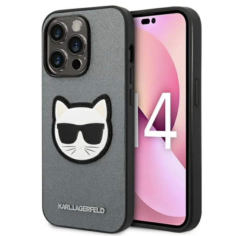 Obal Karl Lagerfeld Saffiano Choupette Head Patch pre iPhone 14 Pro Max - strieborný