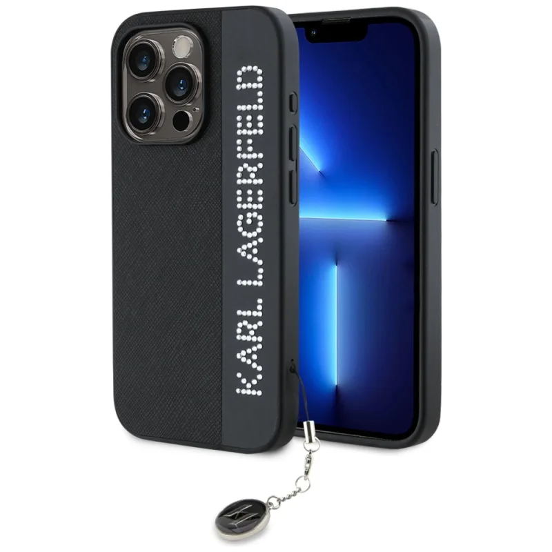 Kryt Karl Lagerfeld Saffiano Rhinestones & Charm pre iPhone 15 Pro Max - čierny