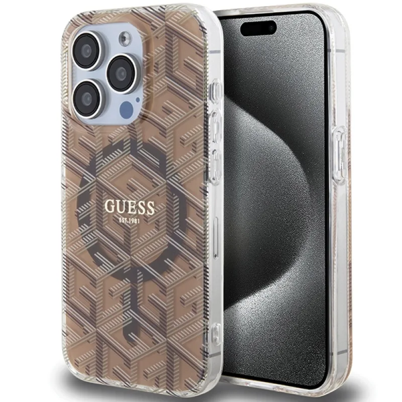 Puzdro Guess IML GCube MagSafe pre iPhone 15 Pro - hnedé