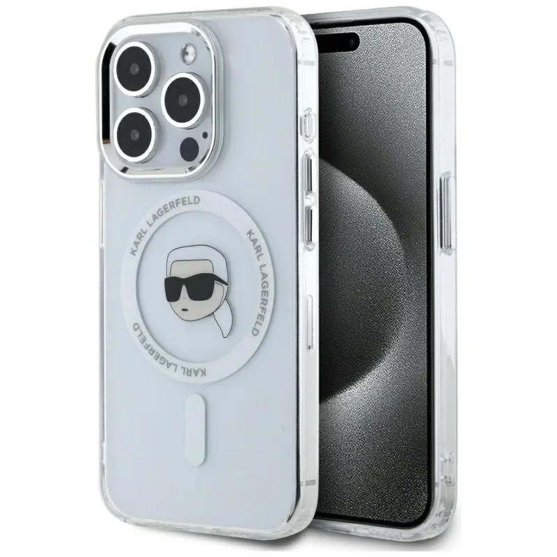 Karl Lagerfeld IML kovové puzdro Karl Head MagSafe pre iPhone 15 Pro White