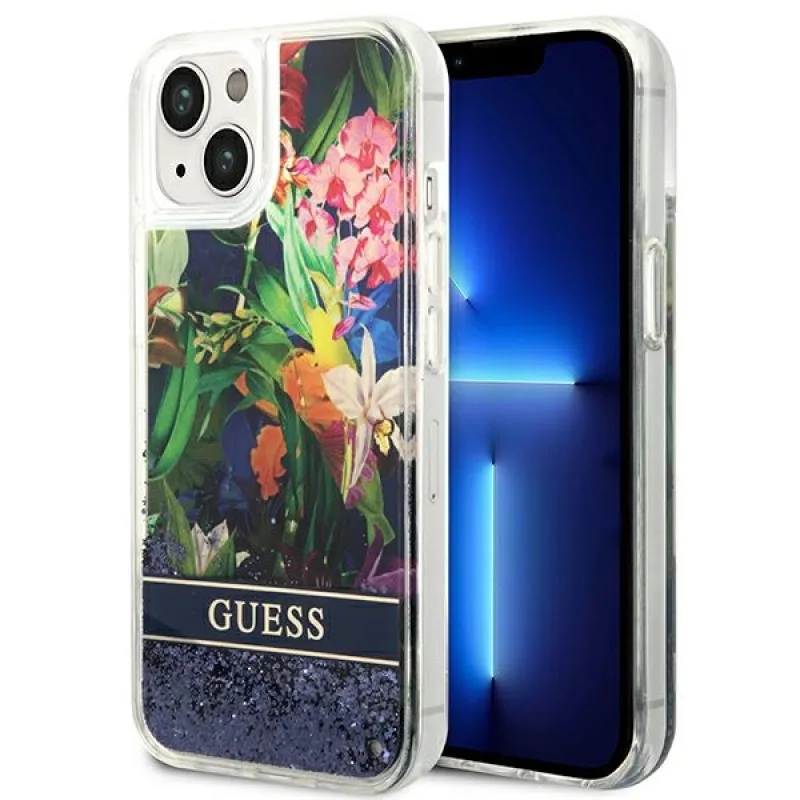 Guess GUHCP14MLFLSB iPhone 14 Plus 6,7" modro/modré pevné puzdro Flower Liquid Glitter