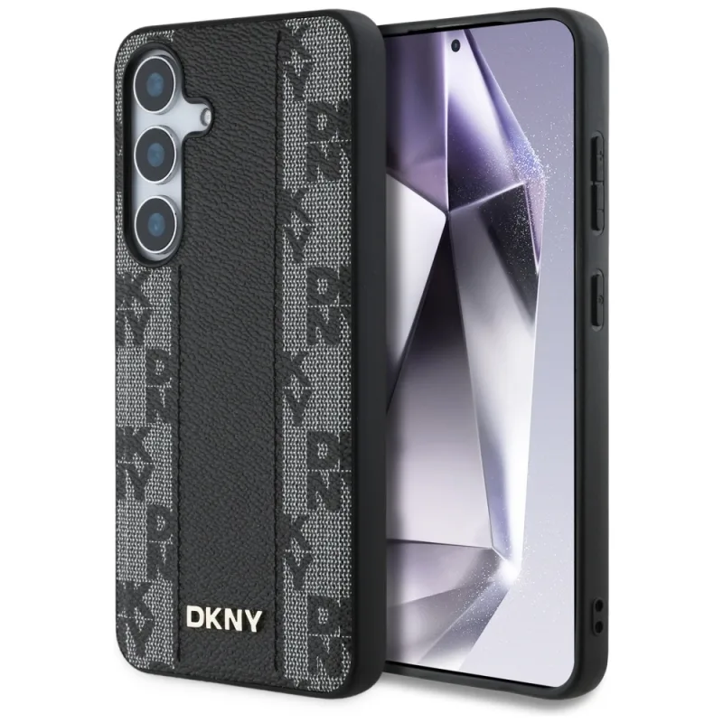 DKNY kožené puzdro MagSafe s kockovaným vzorom pre Samsung Galaxy S25 Black
