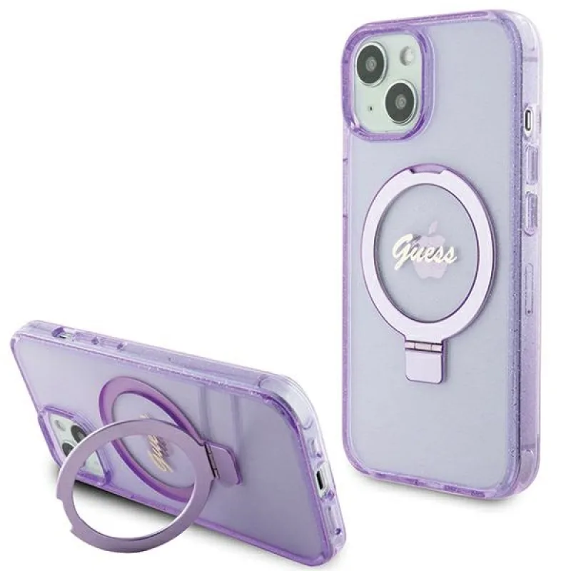 Guess Ring Stand Script Glitter MagSafe puzdro pre iPhone 15 Plus / 14 Plus - fialové