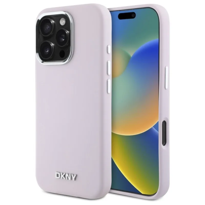 DKNY tekuté silikónové puzdro s malým kovovým logom MagSafe iPhone 16 Pro Max – ružové
