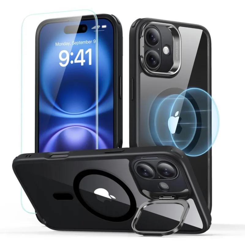 Sada puzdier ESR Classic Hybrid Kickstand Halolock MagSafe + tvrdené sklo pre iPhone 16 – čierne